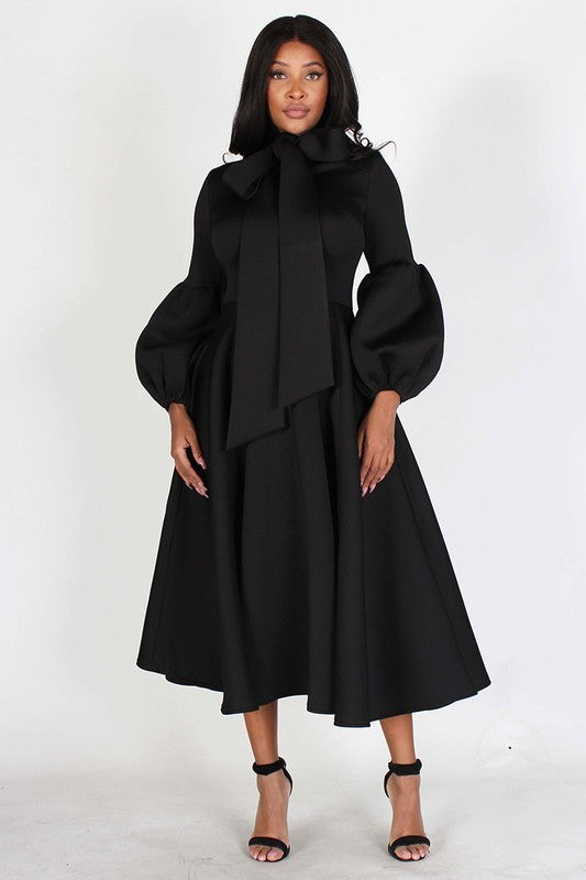 Solid Bow Tie Puff Sleeve Midi Dress