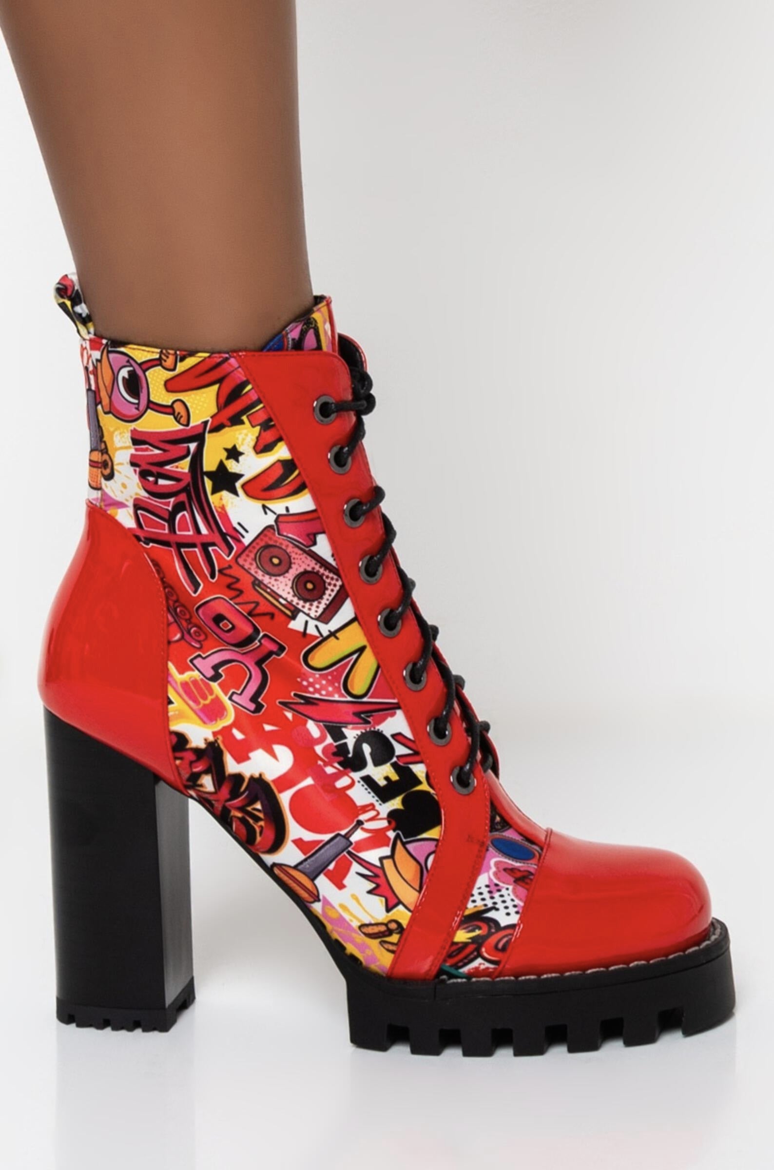 red chunky heel boots