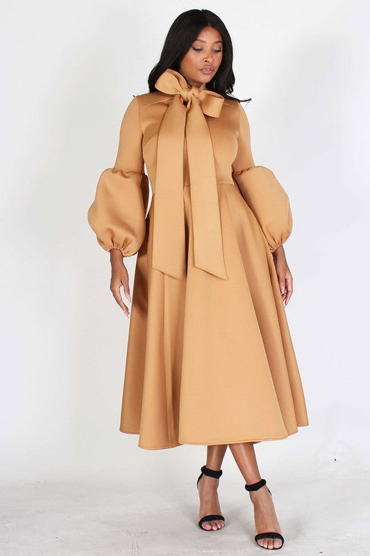 Solid Bow Tie Puff Sleeve Midi Dress